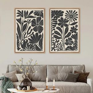 Peintures 2 PC Vintage Noir Abstrait Floral Toile Peinture Bohême Style Art Mural Convient pour Bureau Salon Maison Décoration Murale Cadeau 231009