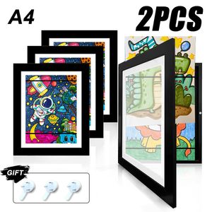Paintings 2 PCS Kids Art Frame Set A4 Size Wooden Replaceable Po Display Kids Artwork Organizer Home Office Painting Display 230814