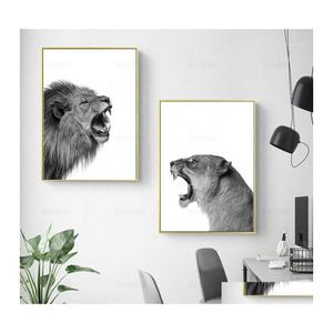 Pinturas 2 piezas Pintura en lienzo León y leona Póster Animal Wall Art Print Picture Black White Woodlands para sala de estar Inicio Dhxvh