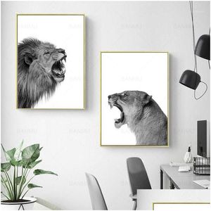 Peintures 2 pièces Toile Peinture Lion et Lionne Affiche Animal Mur Art Imprimer Image Noir Blanc Woodlands pour salon maison de Dhifi