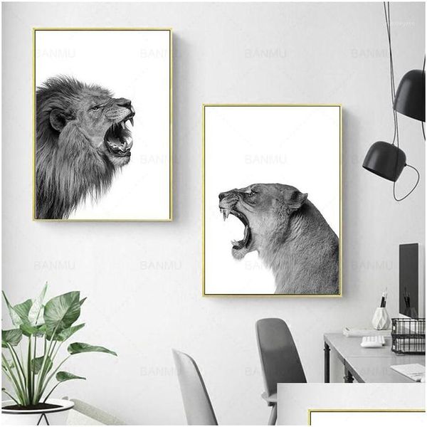 Peintures 2 pièces Toile Peinture Lion et Lionne Affiche Animal Mur Art Imprimer Image Noir Blanc Woodlands pour salon maison de Dhifi