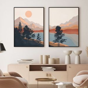 Pinturas 2PCS Mid Century Abstract Boho Mountain Lake Scene Poster Canvas Painting Wall Art Print Picture Living Room Home Interior Decor 230707