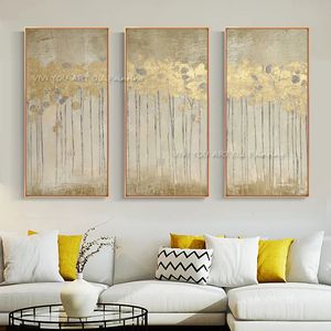 Pinturas 3 paneles de gran tamaño pintado a mano arte de la pared imagen abstracta hojas de oro paisaje para la sala de estar decoración del hogar sin marco 231009