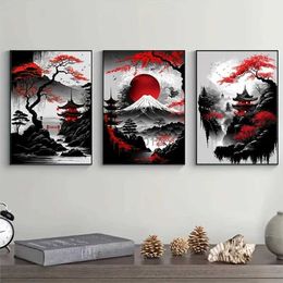 Peintures 3pcs sans cadre japonais paysage naturel toile peinture noir et rouge affiches vintage encre art impressions murales pour salon maison