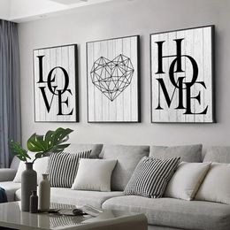 Peintures 3pcs Love Home Diamond Heart Lettre Toile Prints Nordic Moderne Salon Mur Art Noir Blanc Décor Décoratif 231205