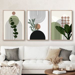 Peintures 3pcs Moderne Abstrait Plantes Vertes Feuille Soleil Lignes Mur Boho Art Toile Peinture Affiches Impressions Photos Salon Décor Cadeaux 230707