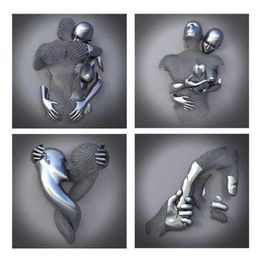 Peintures 4pcs Love Heart 3D Effet Mur Art Abstrait Metal Figure Statue Art Toile Peinture 19 7 pouces Moderne Home Decor263q