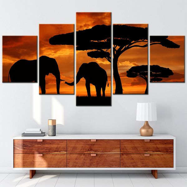 Peintures 5 panneaux décoration de la maison toile mur art photo éléphants silhouette coucher de soleil paysage peinture esthétique chambre décor affiche impression 230823