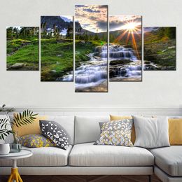 Schilderijen 5 stuks canvas muur kunst poster schilderen natuurlandschap achtergrond zonlicht berg waterval landschap huisdecor woonkamer 230823