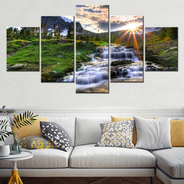 Pinturas 5 piezas lienzo arte de la pared cartel pintura naturaleza paisaje fondo luz del sol montaña cascada paisaje decoración del hogar sala de estar 230823