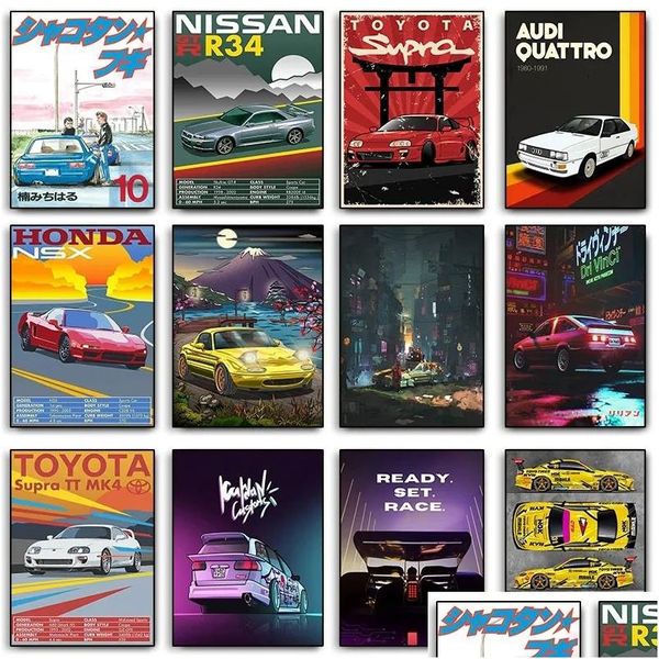 Pinturas 80S Vapor Neon Light Canvas Pinting JDM CAR POSTER EN LA IMAGEN DEL ESTHETE Decoración Golf Gtr Wall Art Animation City Living Dhvxd