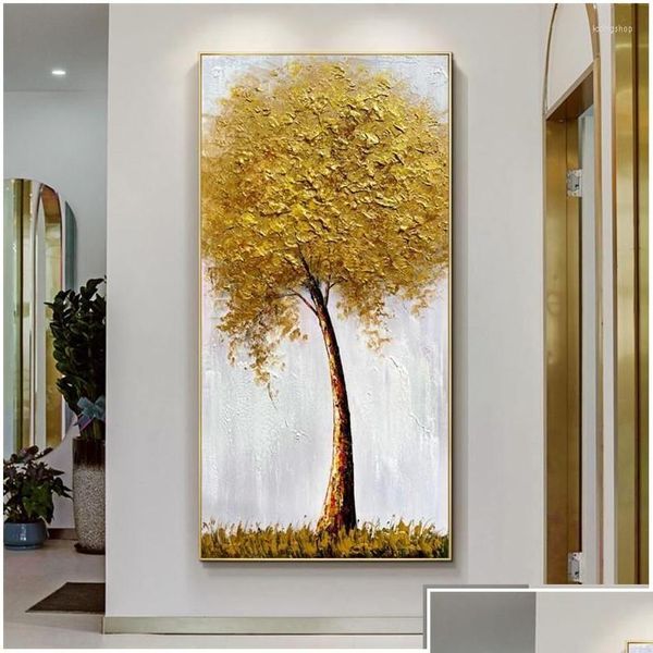 Pinturas abstractas pintura al óleo 3d dorado arte grueso espeso lienzo hecho a mano fortuna fotos de árboles de la pared de la pared sala de estar decoración caída deliv dhmkm
