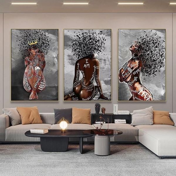 Pinturas Abstracto Africano Chica Lienzo Pósteres e impresiones Símbolo de música Mujer Negra Arte Pintura Imágenes de pared para la decoración del hogar3054