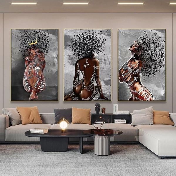 Pinturas Abstracto Africano Chica Lienzo Pósteres e impresiones Símbolo de música Mujer Negra Arte Pintura Imágenes de pared para la decoración del hogar286F