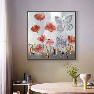 Pinturas flores abstractas con pintura de mariposa sobre lienzo pintado a mano al óleo arte de pared decorativo hecho a mano para sala de estar