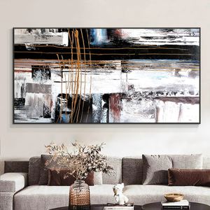Peintures Abstrait géométrique noir avec peinture à l'huile blanche 100% peint à la main sur toile épaisse texturée mur art peinture salon décor 231110