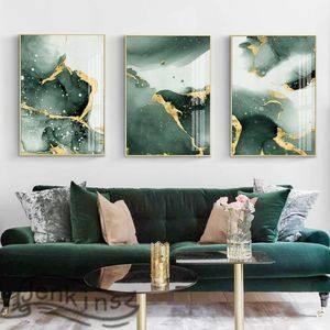 Peintures abstraite marbre vert doré aquarelle Figure affiche mur Art toile peinture impression photo pour salon décor à la maison