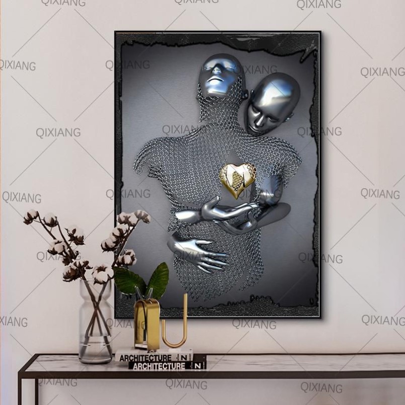 Paintings Abstract Metal Figure Statue Art Posters And Prints Modern Lovers Sculpture Canvas On The Wall Pictures Decor340W