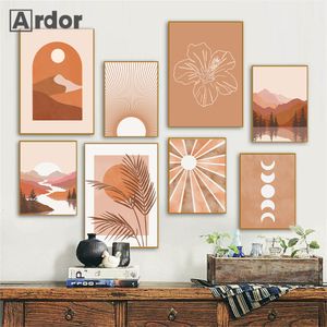 Schilderijen Samenvatting Mid -eeuwse poster Boho Terracotta Sun Moon Canvas schilderij landschap print Noordse muur kunst foto's woonkamer decor 230815