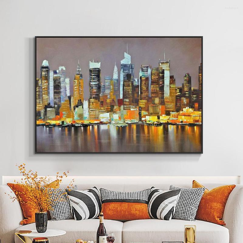 Paintings Abstract Nightscape Of The Large City Building Painting On Canvas Hand Painted Oil Wall Art For Modern Home Decor