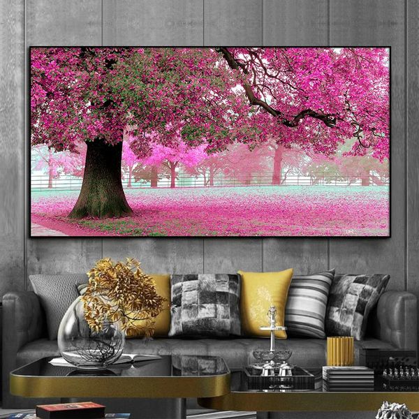 Peintures abstraites affiches d'arbre rose et impression sur toile paysage végétal peint à la main peinture à l'huile mur art photo salon décor 231110