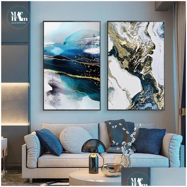 Peintures Abstraite Aquarelle Rivière Golden Lines Mur Affiche Imprimer Moderne Toile Peinture Art Salon Décoration Photos Maison D Dh3Gb