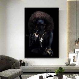 Peintures Africain Black Woman Canvas Peinture des affiches d'art modernes et imprimés Cuadros Hair Fluffy Femmes Pictures pour le mur du salon 230817