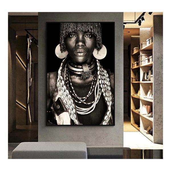 Peintures murales africaines Art Primitive Tribal Femmes Toile Peinture Moderne Décor À La Maison Noir Femme Photos Imprimer Décoratif Mural202W Dhwpx