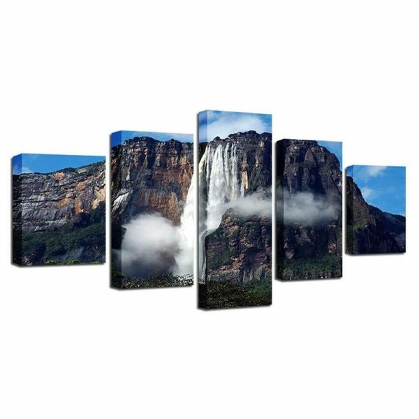 Peintures Ange Cascade Venezuela 5 Panneau Toile Photo Imprimer Mur Art Peinture Décor Pour Salon Affiche No Framed276T