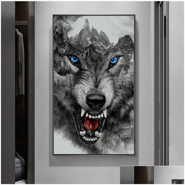 Pinturas Angry Wolf Black White Posters e impresiones Animales abstractos Pintura de lienzo en la imagen de arte de la pared para la sala de estar Inicio de DHPPG