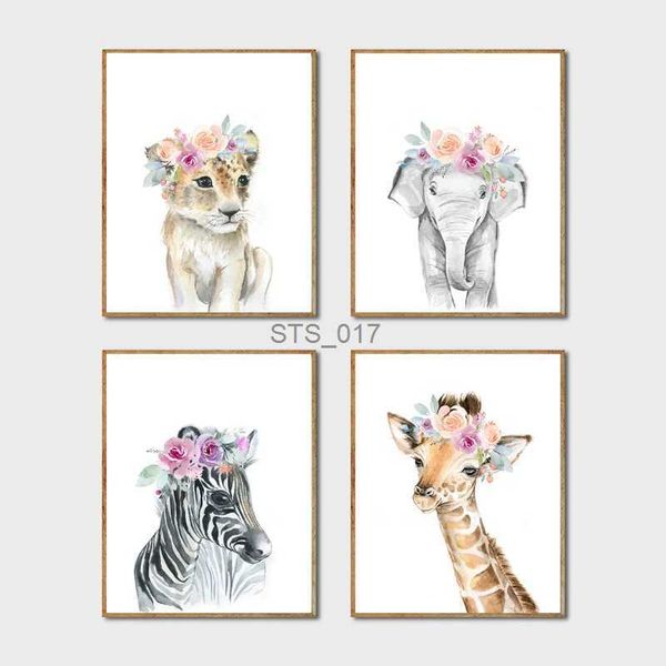 Peintures Animaux Floral Couronne Art Décor Toile Peinture Bébé Fille Impressions Animal Girafe Éléphant Lion Mur Art Photo Pépinière Affiche