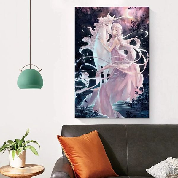 Pinturas Anime Girl Y Unicorn Fantasy Posters Pintura De Pared 231010