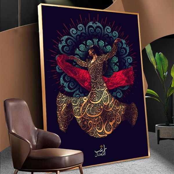 Peintures Calligraphie arabe Art Affiche et impression Toile Peinture Islamique Soufisme Dervish Tourbillon Image Musulman Danse Fille Religi316Q