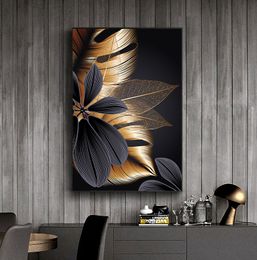 Schilderijen kunst schilderen Noordse woonkamer decoratie foto zwart gouden plant blad canvas poster print moderne woning decor abstracte muur 230422