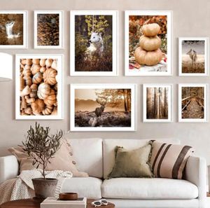 Schilderijen Herfst Bos Herten Brug Waterval Pompoen Wall Art Print Canvas Schilderij Nordic Poster Foto's Voor Woonkamer Decor8001416