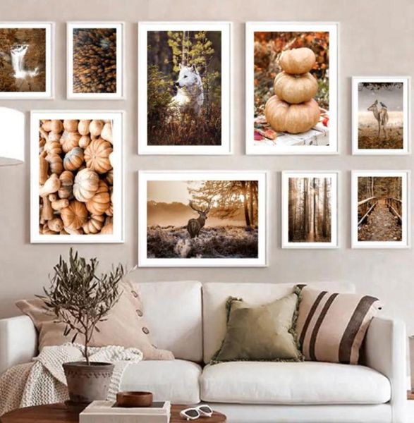 Pinturas Otoño Bosque Ciervo Puente Cascada Calabaza Pared Arte Impresión Lienzo Pintura Nórdica Póster Imágenes para la sala de estar Decor7258709