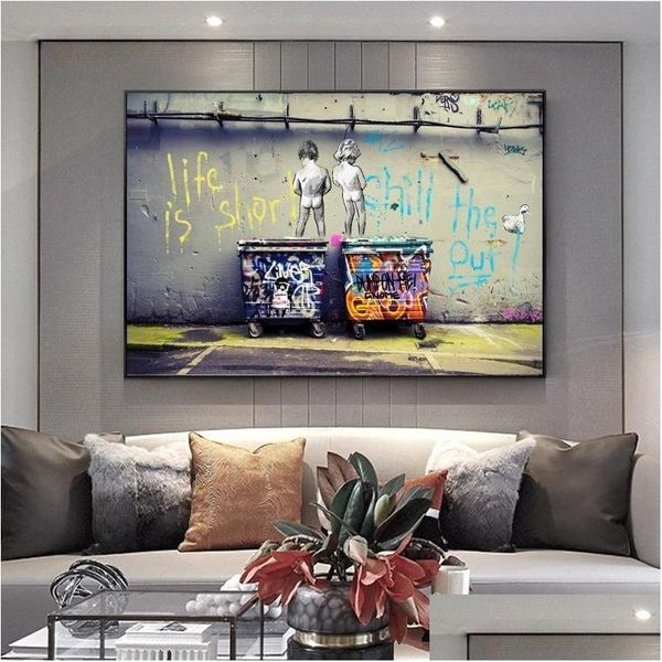 Pinturas Banksy Graffiti Art Canvas Life Is Short Chill The Duck Out Street Posters e impresiones Wall Pictures Home Decor Drop Delive Dhjna