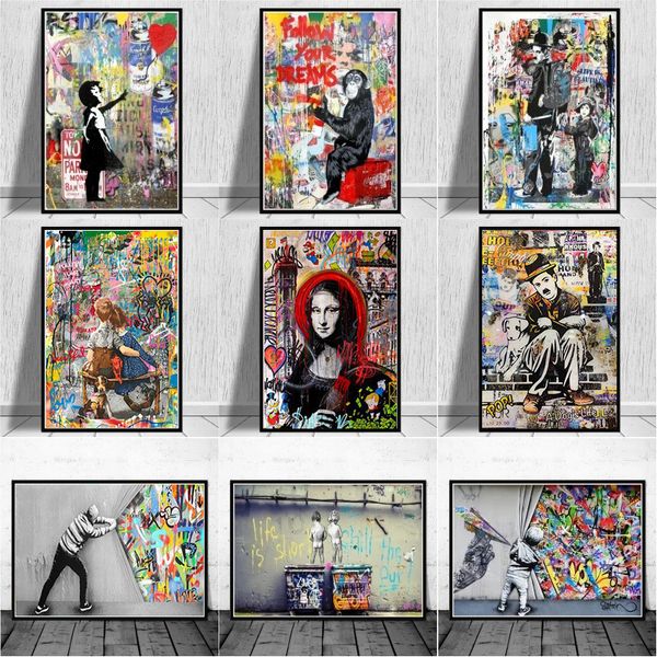 Peintures Banksy Graffiti Art Toile Peinture Abstraite Animaux et Figures Affiches Impressions Rue Mur Photo Décor À La Maison Cuadros 230809