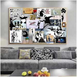 Schilderijen banksy graffiti collage art pop canvas schilderij posters en prints cuadros muur voor woonkamer huisdecoratie drop levering g dhmgp