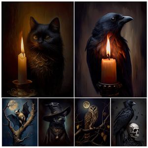 Schilderijen Bat Black Cat Witch Antieke uil Raven Wall Art Canvas schilderen Dark Witchy Halloween Gothic Vintage Poster Print Home Decor 230817