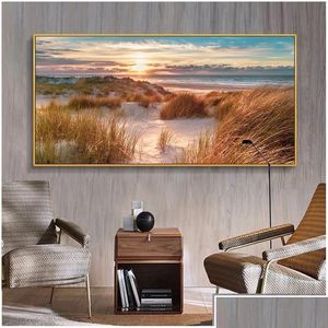 Peintures Plage Paysage Toile Peinture Décorations intérieures Pont en bois Mur Art Photos pour salon Décor à la maison Coucher de soleil sur la mer Pri Dhtvm