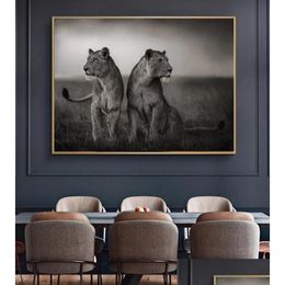 Pinturas León africano en blanco y negro Pósteres de animales salvajes Impresiones Paisaje Lienzo Pintura Arte Naturaleza Imagen de pared para sala de estar498 DHHLT