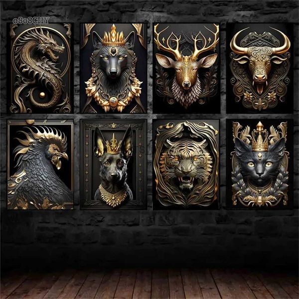 Peintures Noir Or Métal Animal Mur Art Toile Peinture Roi Lion Dragon Tigre Chien Affiche Imprime Des Images Pour Le Salon Moderne Décor