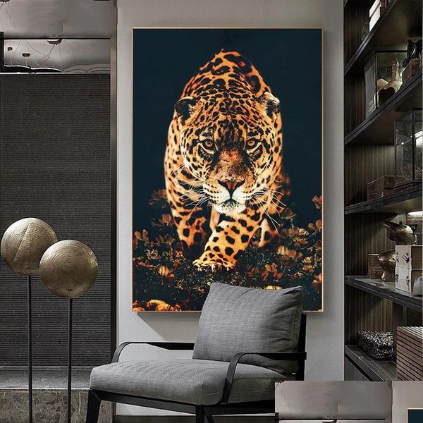 Pinturas Negro León de Oro Tigre Loro Entre Flores Lujoso Animal Póster Arte Moderno Lienzo Pintura Para Sala Decoración de Pared Dhjy2