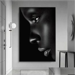 Pinturas Perfil negro Labio Mujer Lienzo Pintura HD Impresión Figura Pósters e impresiones Imagen de arte de pared moderna para sala de estar Dormitorio DHXDT