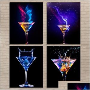 Peintures Blue Light Vin Verre Toile Affiche Bar Cuisine Décoration Peinture Moderne Décor À La Maison Mur Art Photo Salle À Manger Decoratio Dhai9