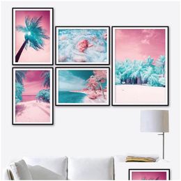 Schilderijen blauwe palmboom tropisch roze strand landschap muur kunst canvas schilderij noordse afdrukken poster picture voor woonkamer decor d dhpcs