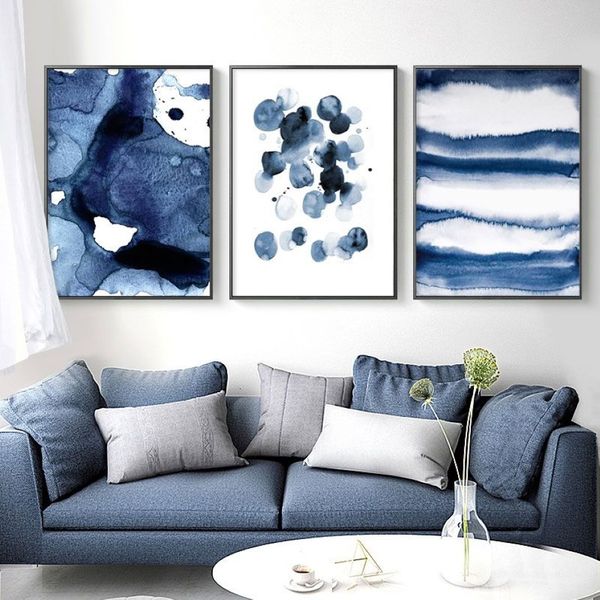 Pinturas Azul Watecolor Lienzo Arte Pósteres e impresiones Pintura abstracta Minimalismo nórdico Cuadros de pared para sala de estar Moderno Ho341f