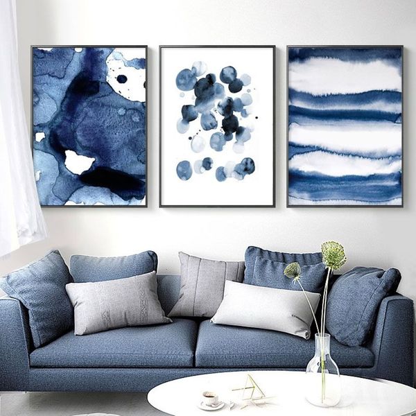 Pinturas Azul Watecolor Lienzo Arte Pósteres e impresiones Pintura abstracta Minimalismo nórdico Cuadros de pared para sala de estar Moderno Ho252c