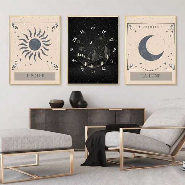 Peintures Bohême Style Affiche Soleil Lune Tarot Carte Toile Peinture Astrologie Imprimer Moderne Abstrait Mur Photos Vintage Home Room Décor 230823